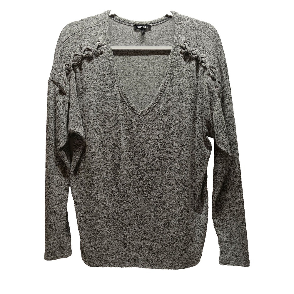 Express Knit Blouse Women's Medium Black Heather V-Neck Long Sleeve Stretch EUC